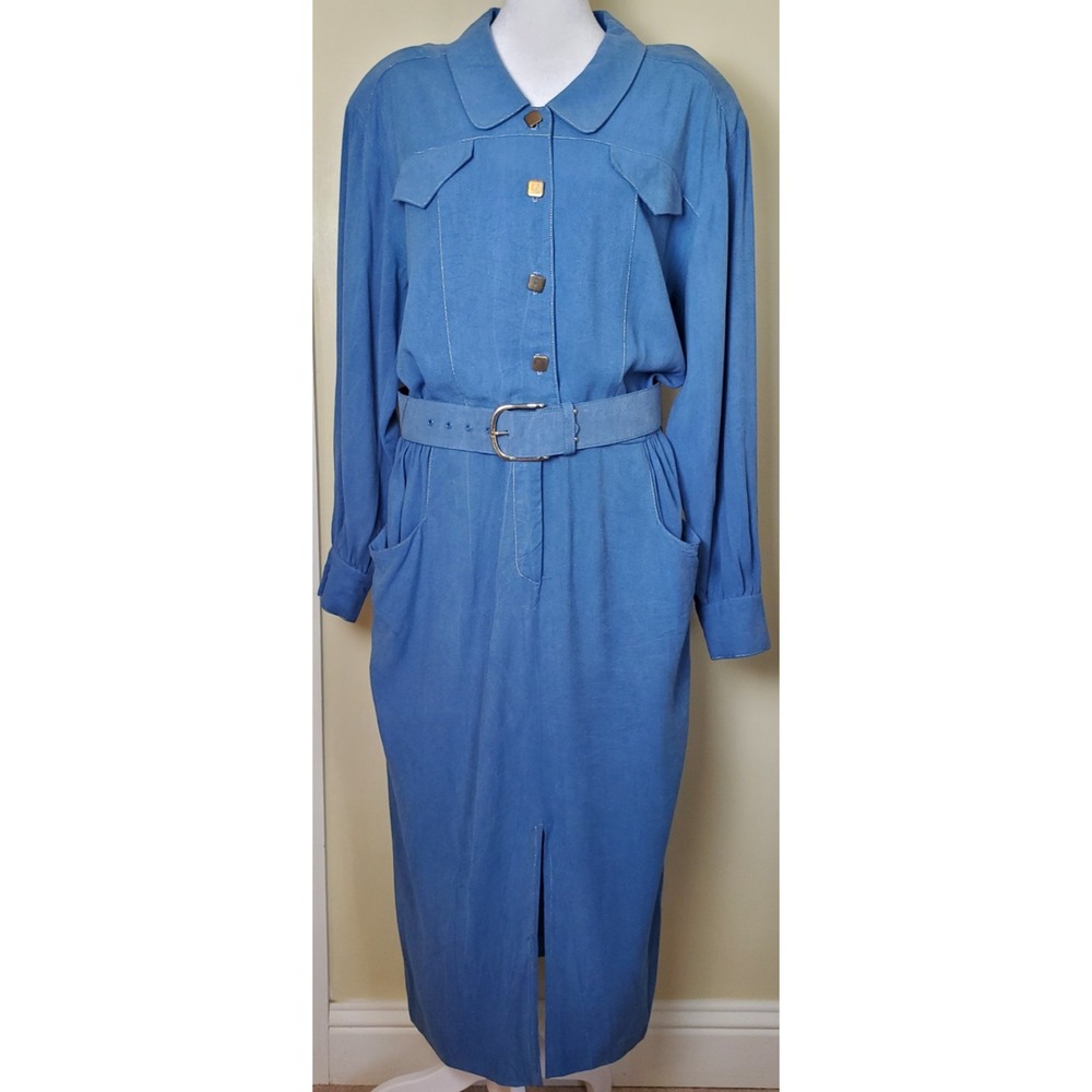 Vintage Dennis‎ Goldsmith Long Sleeve Belted Shirt Dress Western Coastal Cowgirl